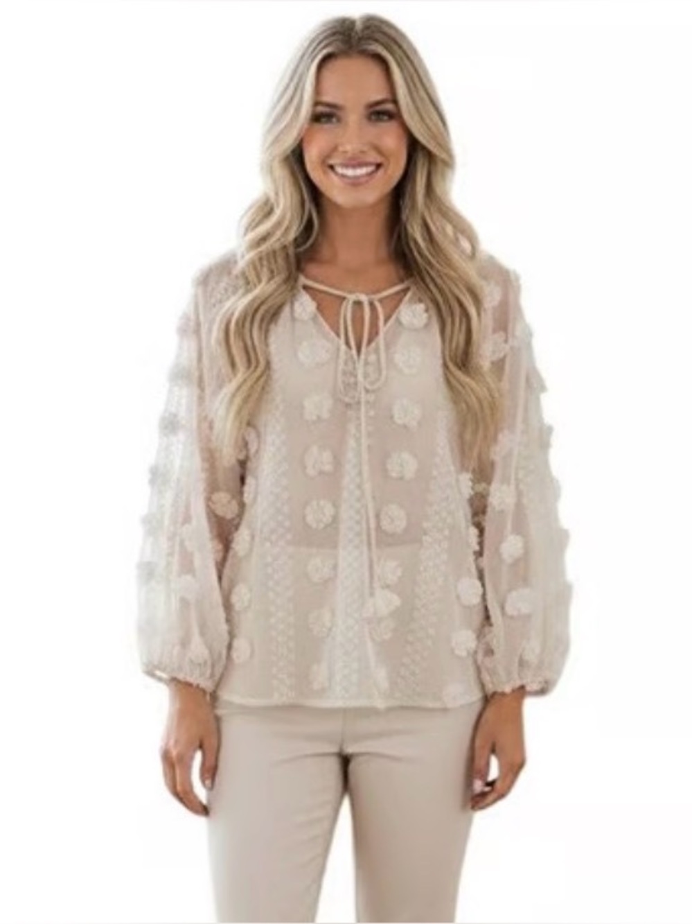 Calypso St. Barth Blouse Womens SM Ivory Sheer Tassel Pom Boho Tunic 3D Top